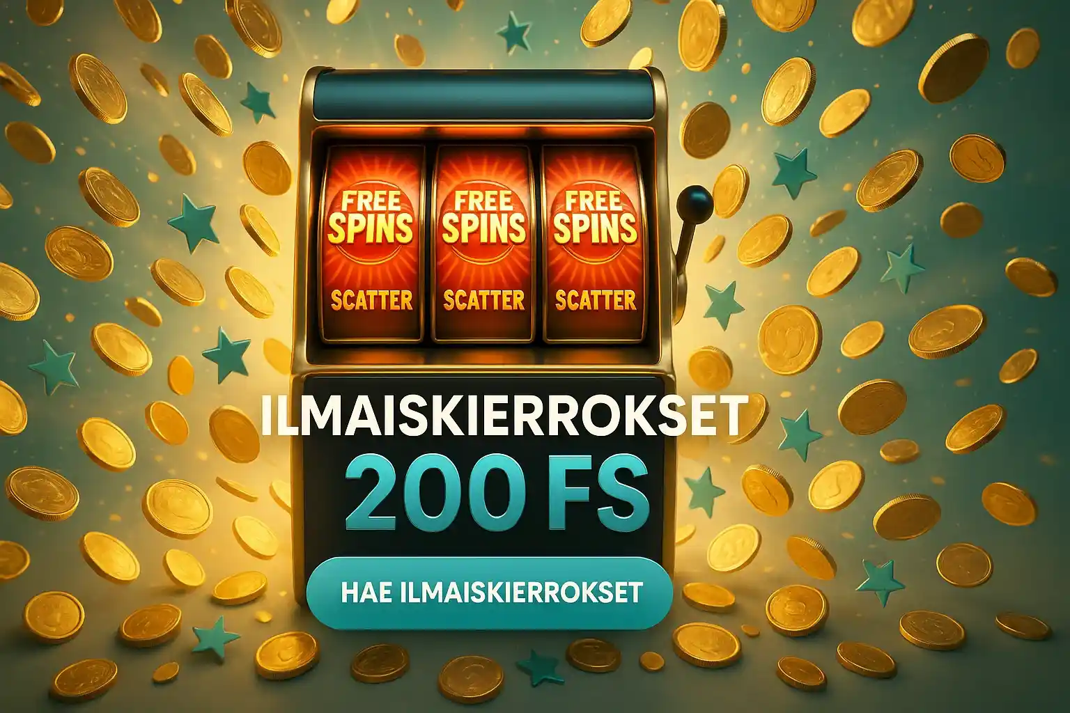 Leveä suomalainen kasinobanneri, 3D-kolikkopeli, 200 ilmaiskierrosta ja CTA-painike