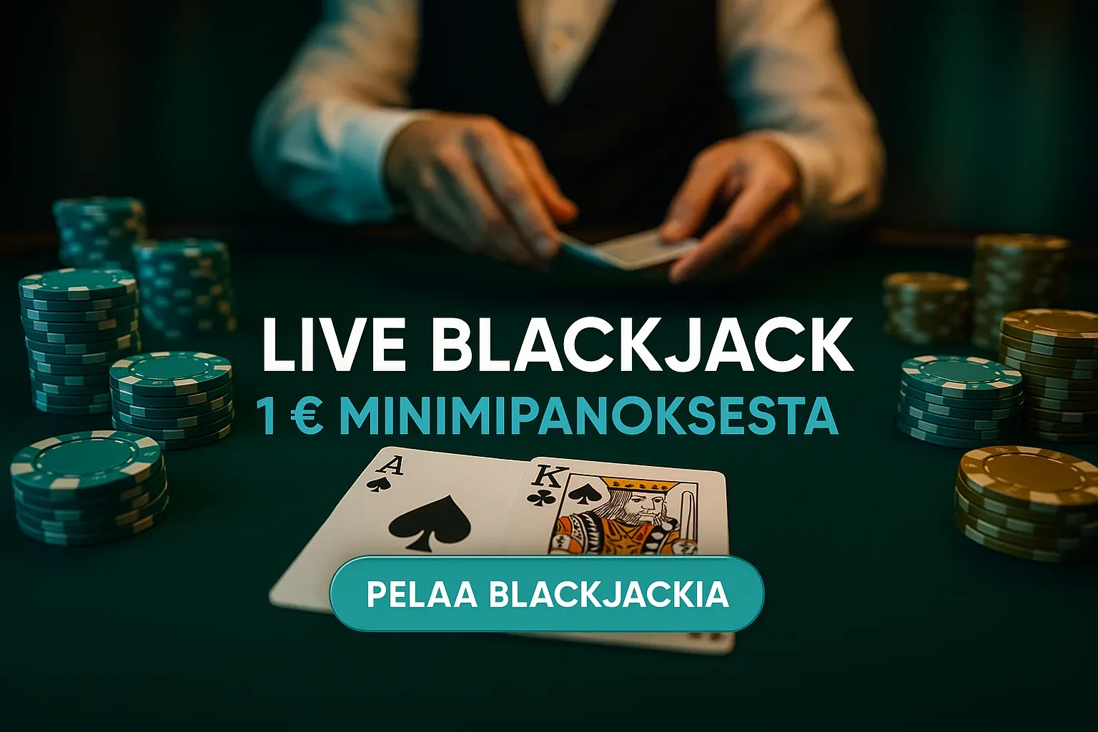 Live blackjack -pöytä, ässä ja kuningas, jakajan kädet ja pelimerkit