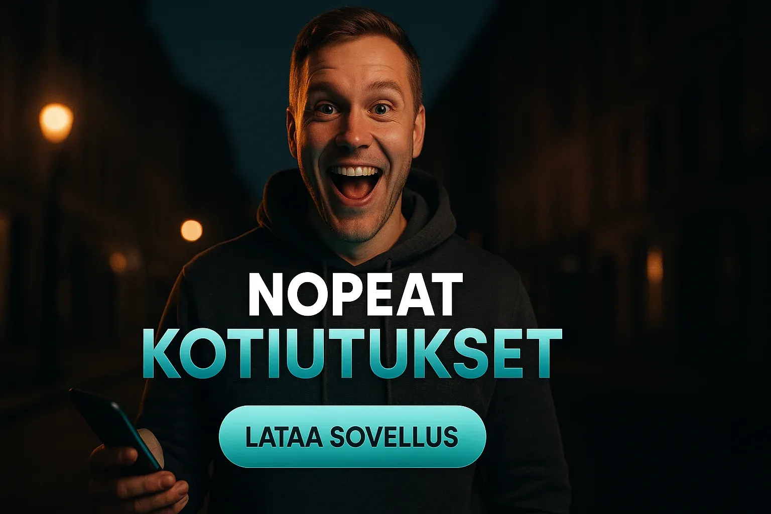 Suomalainen mies hupparissa kasinobannerissa, puhelimen teal-hehku ja teksti