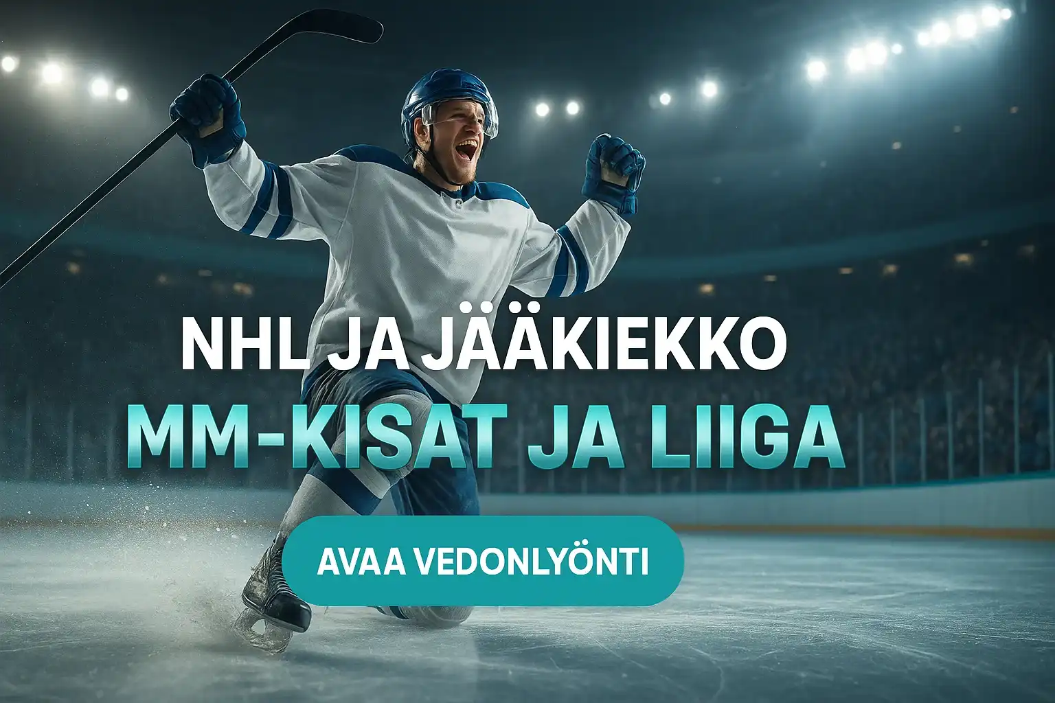 Suomalainen jääkiekkoilija juhlii maalia, vedonlyöntibanneri MM-kisat ja liiga